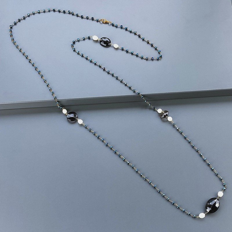 Collana A Nodo Orafo Rosato Con Cristallo Blu Metallizzato,Quarzo Fume E Perle Di Fiume