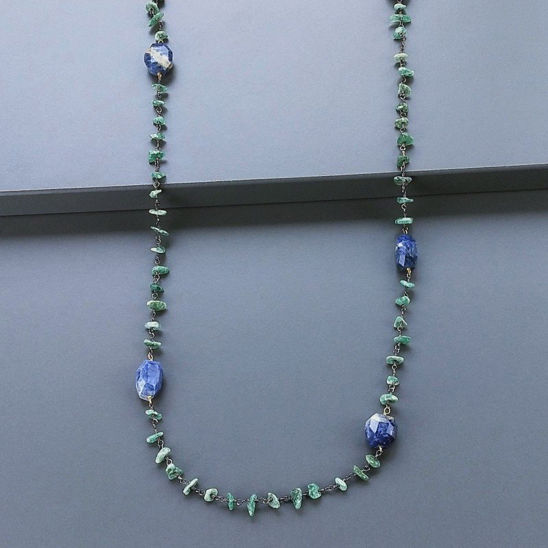 Collana A Nodo Orafo Brunito Con Avventurina Verde E Sodalite