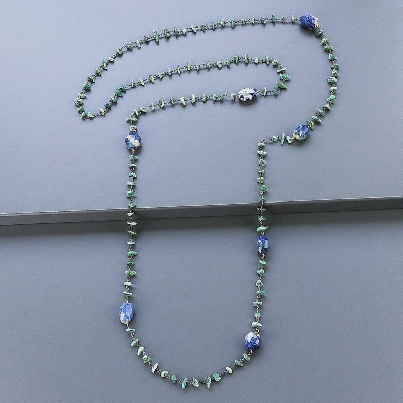 Collana A Nodo Orafo Brunito Con Avventurina Verde E Sodalite
