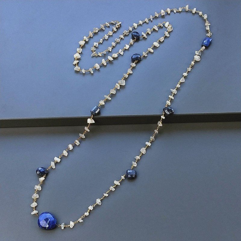 Collana A Nodo Orafo Dorato Con Pietra Di Luna (Adularia) E Lapis Lazulli
