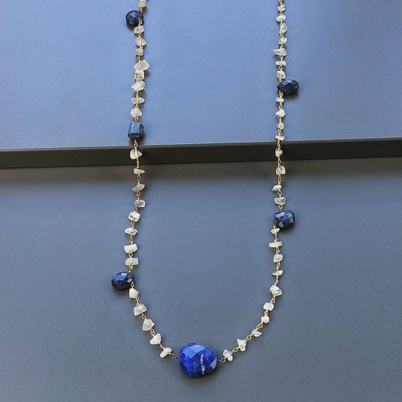 Collana A Nodo Orafo Dorato Con Pietra Di Luna (Adularia) E Lapis Lazulli