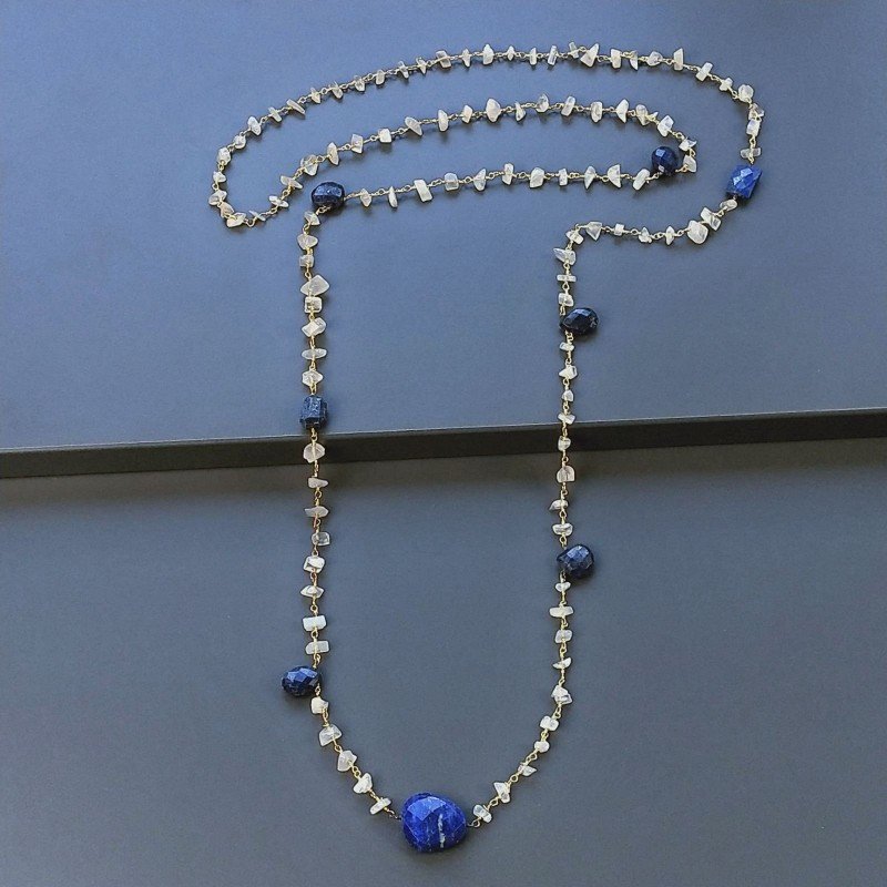 Collana A Nodo Orafo Dorato Con Pietra Di Luna (Adularia) E Lapis Lazulli