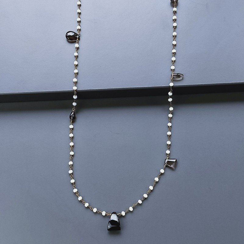 Collana A Nodo Orafo Dorato Con Cristallo Opaco E Quarzo Fume