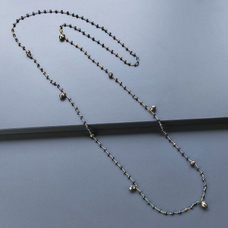 Collana A Nodo Orafo Rosato Con Cristallo Blu Metallizzato E Pirite Naturale