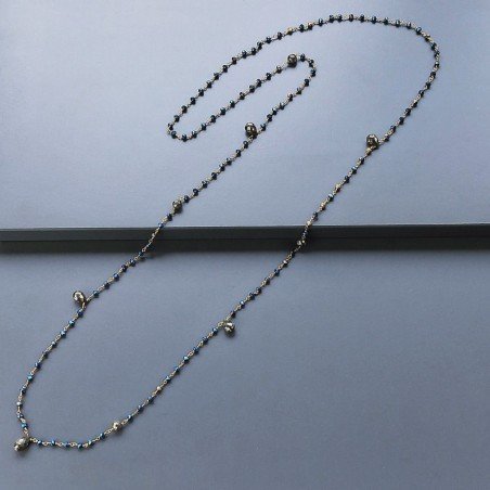 Collana A Nodo Orafo Rosato Con Cristallo Blu Metallizzato E Pirite Naturale