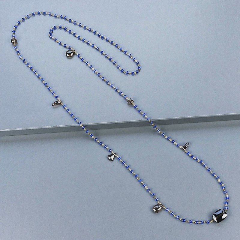 Collana A Nodo Orafo Dorato Con Cristallo Blu E Quarzo Fume