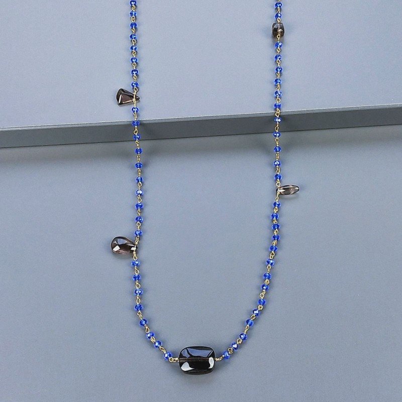 Collana A Nodo Orafo Dorato Con Cristallo Blu E Quarzo Fume