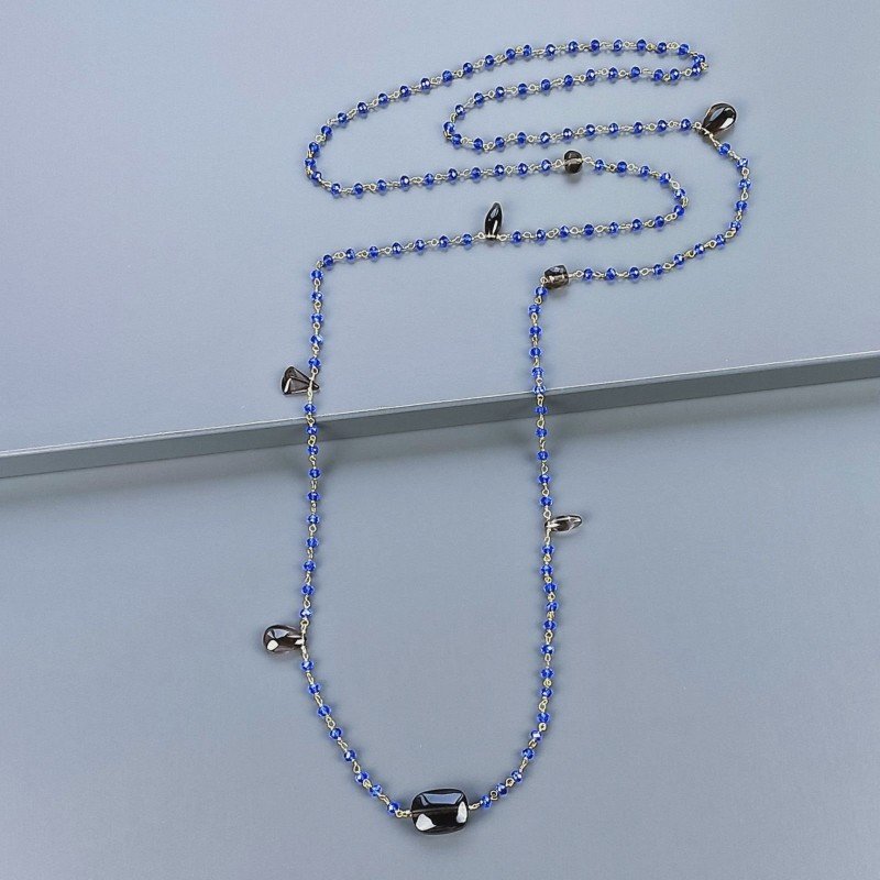 Collana A Nodo Orafo Dorato Con Cristallo Blu E Quarzo Fume