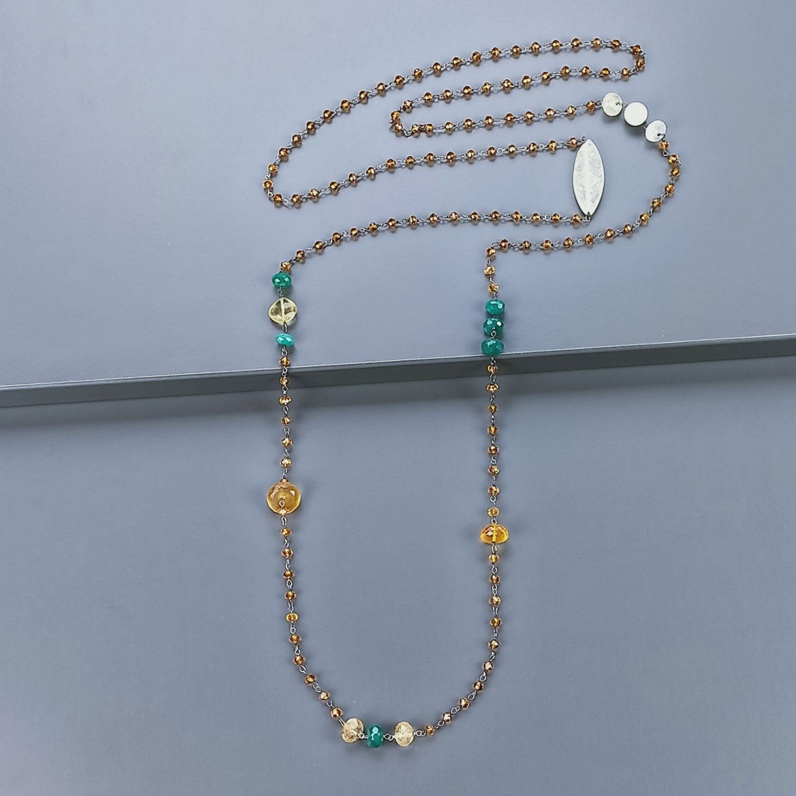 Collana A Nodo Orafo Bianca Con Cristallo Giallo,Onice Verde,Calcite,Quarzo Citrino,Prehnite E Quarzo Citrino Idrotermale