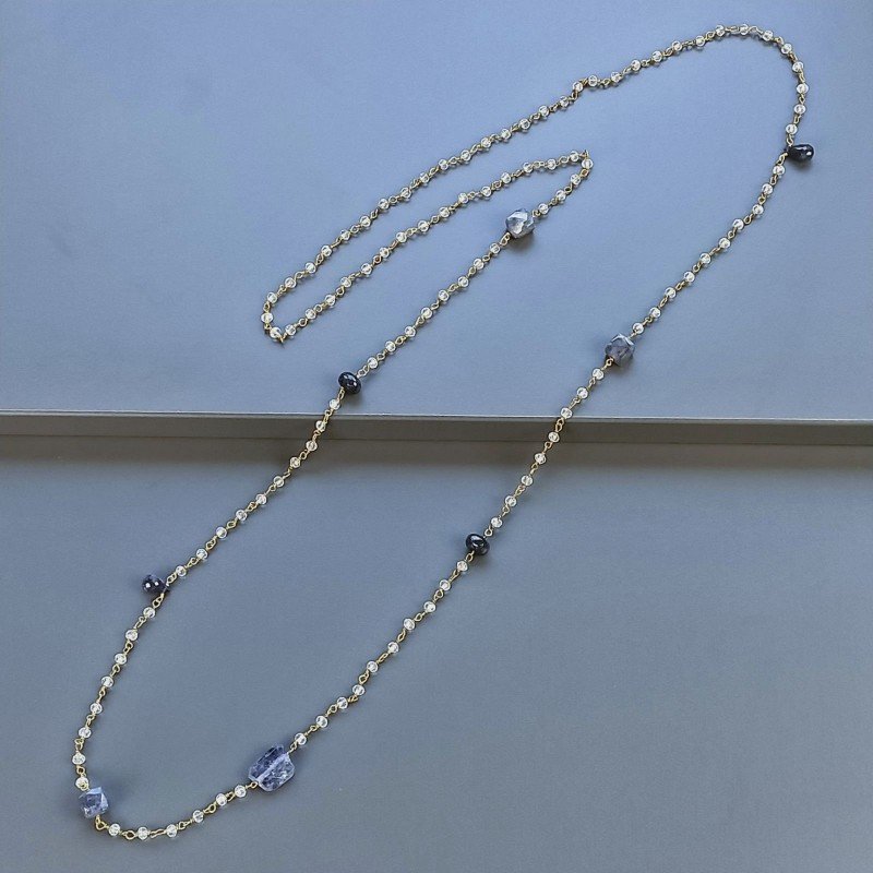 Collana A Nodo Orafo Dorato Con Cristallo,Iolite E Giada