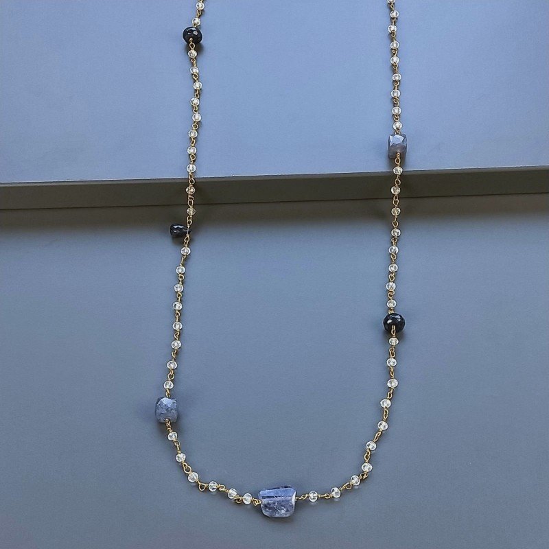 Collana A Nodo Orafo Dorato Con Cristallo,Iolite E Giada