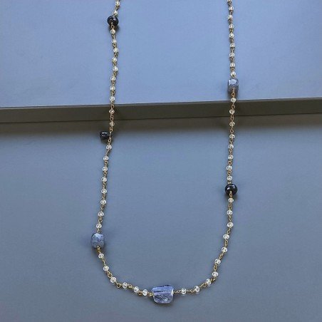 Collana A Nodo Orafo Dorato Con Cristallo,Iolite E Giada