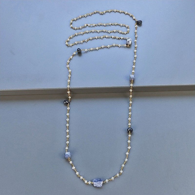 Collana A Nodo Orafo Dorato Con Cristallo,Iolite E Giada