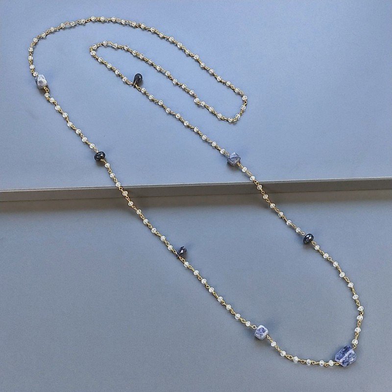 Collana A Nodo Orafo Dorato Con Cristallo,Iolite E Giada