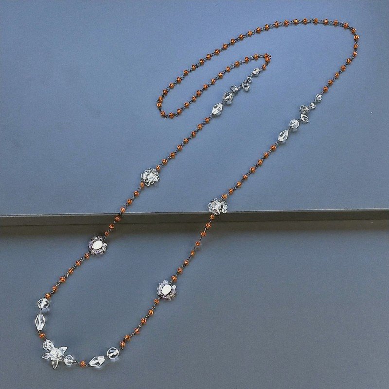Collana A Nodo Orafo Brunito Con Cristallo Arancio,Cristallo Di Rocca,Ametrina E Perle Di Fiume