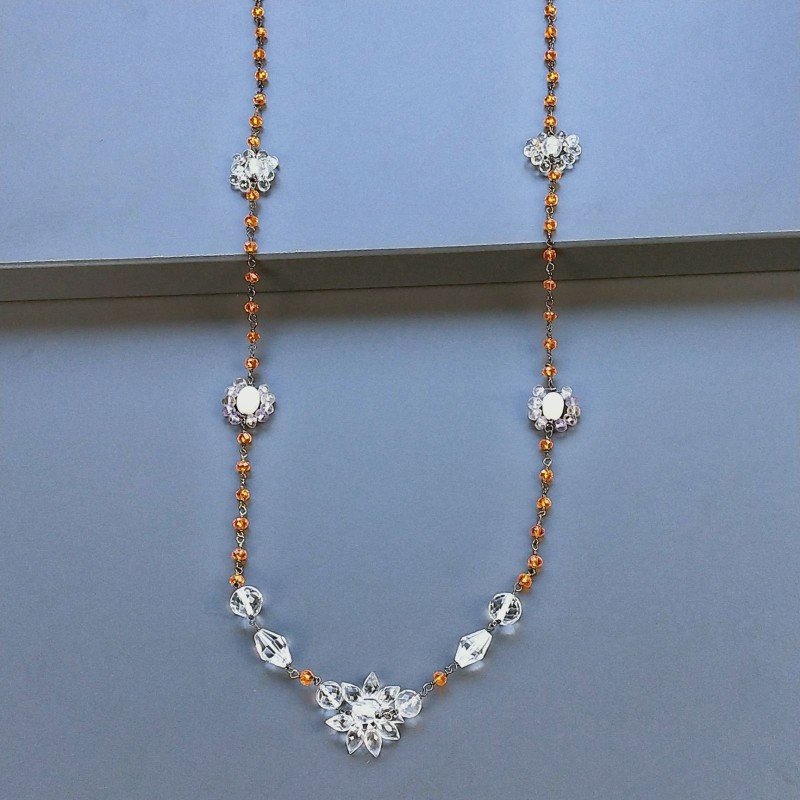 Collana A Nodo Orafo Brunito Con Cristallo Arancio,Cristallo Di Rocca,Ametrina E Perle Di Fiume