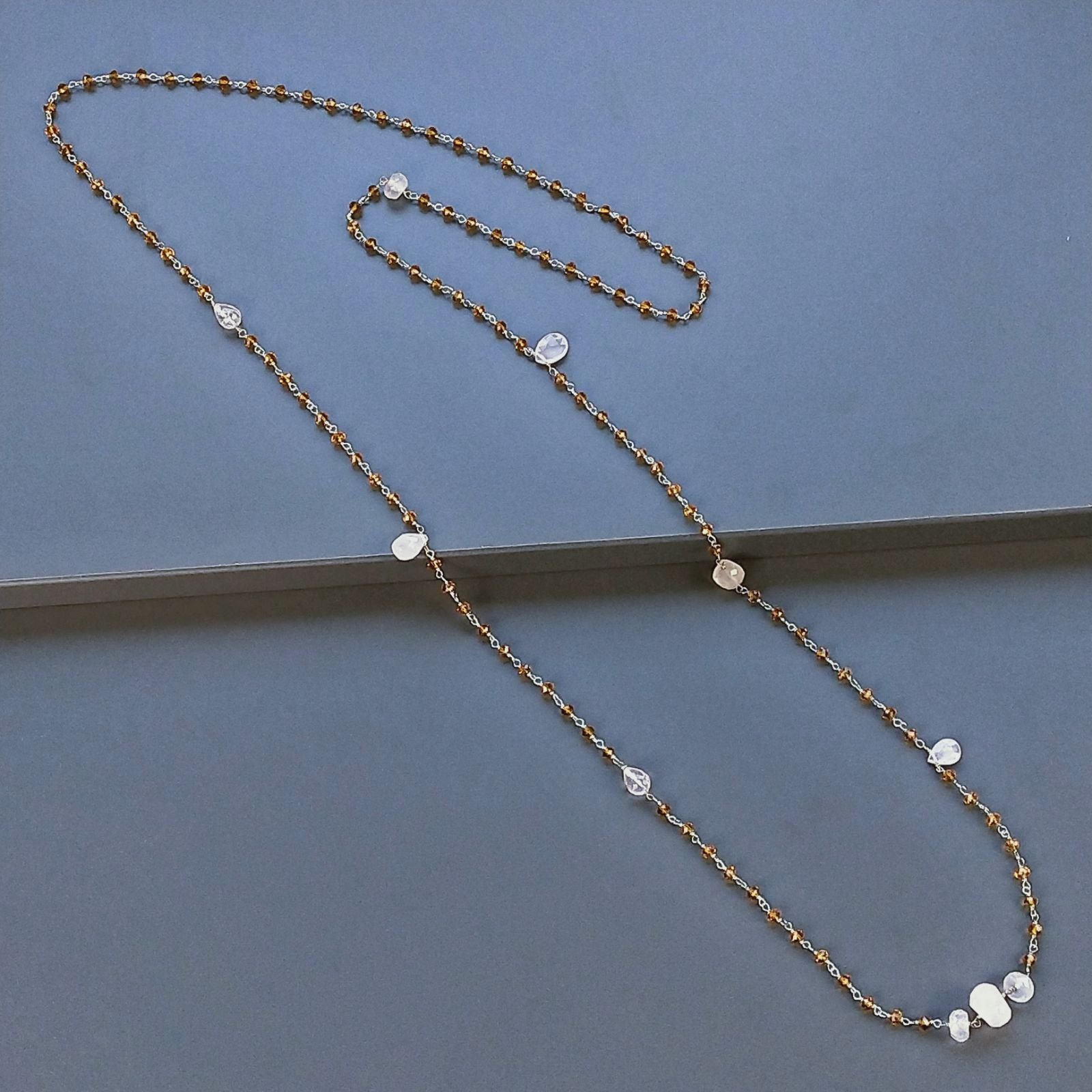 Collana A Nodo Orafo Argentato Con Cristallo Giallo E Quarzo Rosa