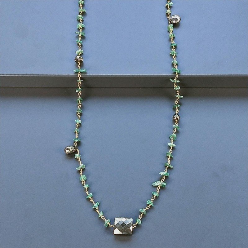 Collana A Nodo Orafo Dorato Con Avventurina Verde E Pirite Naturale