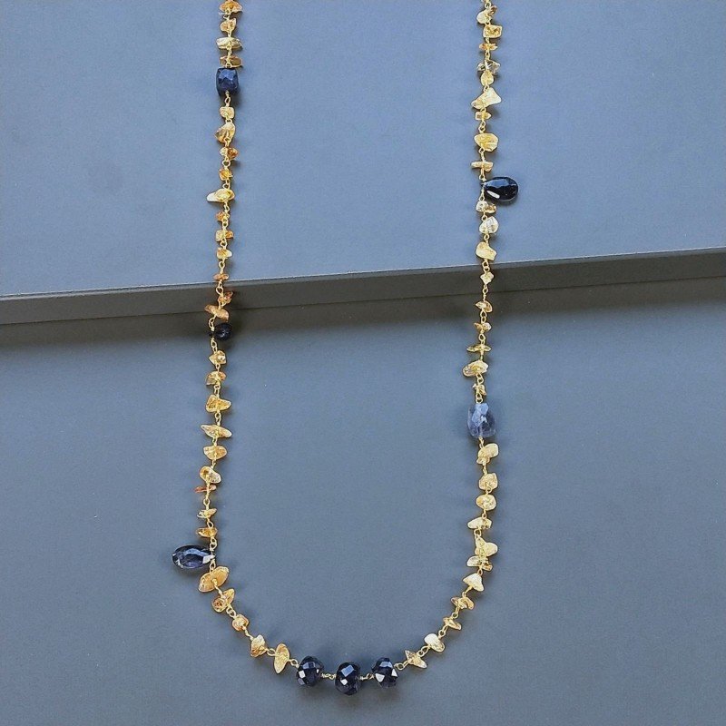 Collana A Nodo Orafo Dorato con Quarzo Citrino E Iolite