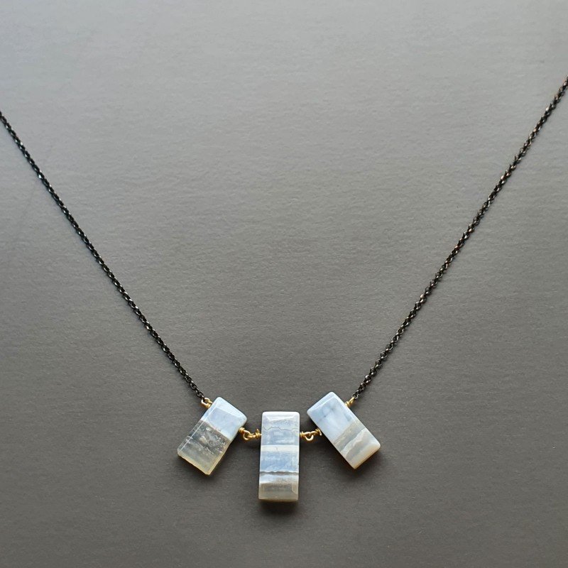 Collana Girocollo Con Catena Brunito Argento 925 E Opale Somalia Forma Rettangolo Baguette Piatto A Mano