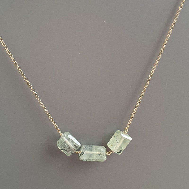 Collana Girocollo Con Catena Dorato Argento 925 E Prehnite Taglio Laser Sassi Sfaccettate A Mano