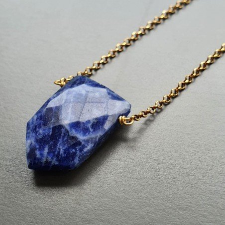 Collana Girocollo Con Catena Dorato Argento 925 E Sodalite Taglio Pentagono Sfaccettate A mano