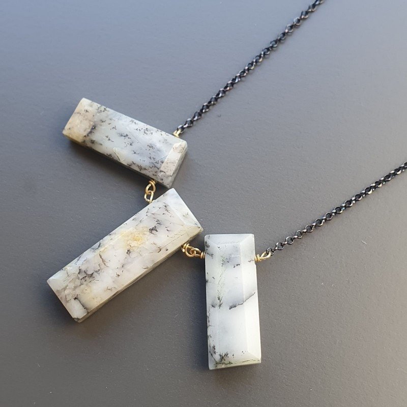 Collana Girocollo Con Catena Brunito Argento 925 E Opale Dendritica Rettangolo Baguette Sfaccettate A Mano Collana Girocollo Con Catena Brunito Argento 925 E Opale Dendritica Rettangolo Baguette Sfaccettate A Mano