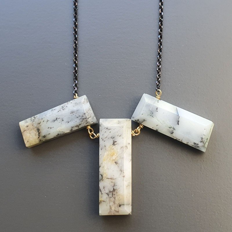Collana Girocollo Con Catena Brunito Argento 925 E Opale Dendritica Rettangolo Baguette Sfaccettate A Mano Collana Girocollo Con Catena Brunito Argento 925 E Opale Dendritica Rettangolo Baguette Sfaccettate A Mano