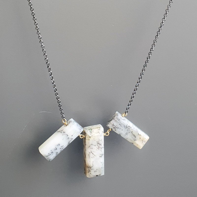 Collana Girocollo Con Catena Brunito Argento 925 E Opale Dendritica Rettangolo Baguette Sfaccettate A Mano Collana Girocollo Con Catena Brunito Argento 925 E Opale Dendritica Rettangolo Baguette Sfaccettate A Mano