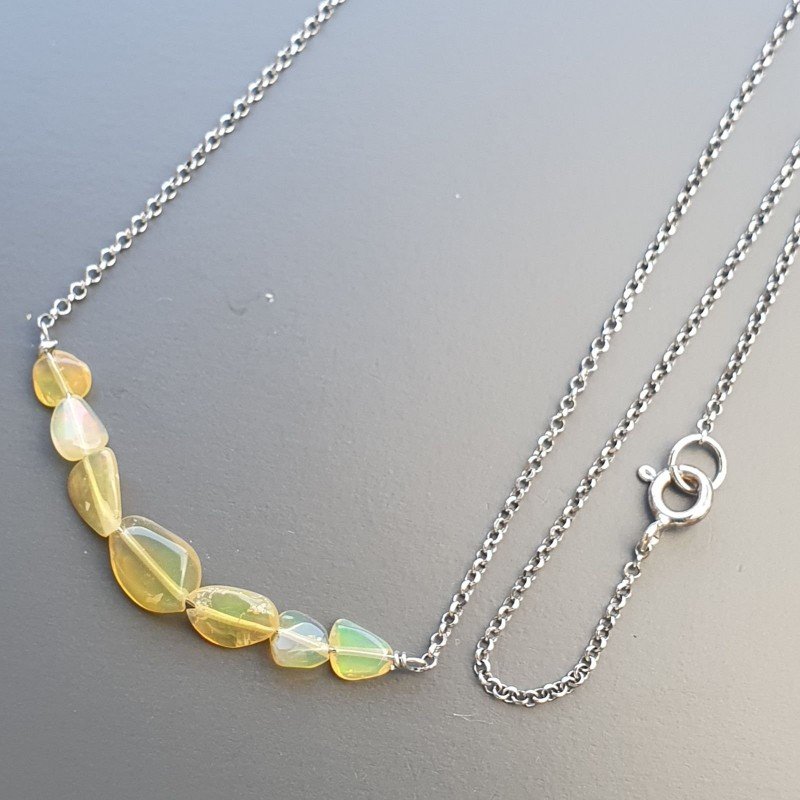 Collana Girocollo Con Catena Rodiato Argento 925 E Opale Ethiopia Sassi Liscio A Mano