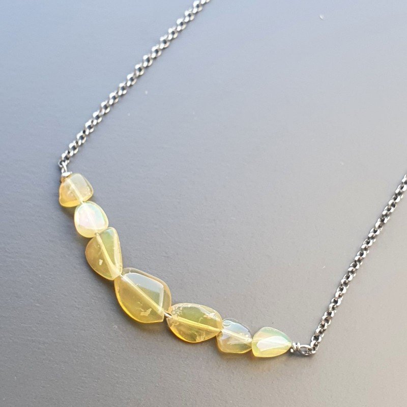 Collana Girocollo Con Catena Rodiato Argento 925 E Opale Ethiopia Sassi Liscio A Mano