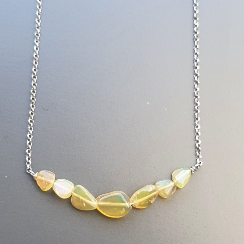 Collana Girocollo Con Catena Rodiato Argento 925 E Opale Ethiopia Sassi Liscio A Mano