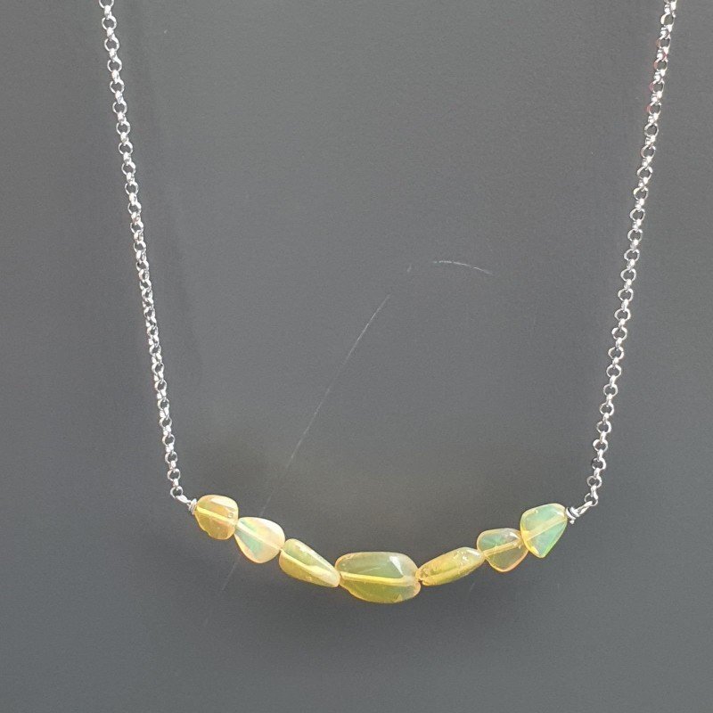 Collana Girocollo Con Catena Rodiato Argento 925 E Opale Ethiopia Sassi Liscio A Mano