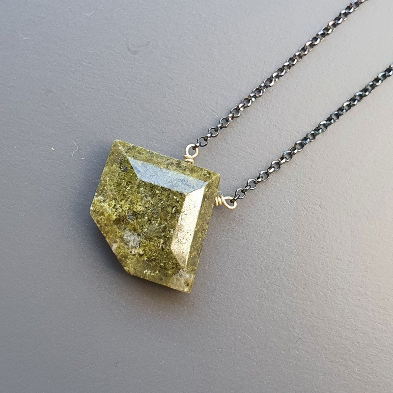Collana Girocollo Con Catena Brunito Argento 925 E Serpentite Forma Diamante Sfaccettato A Mano