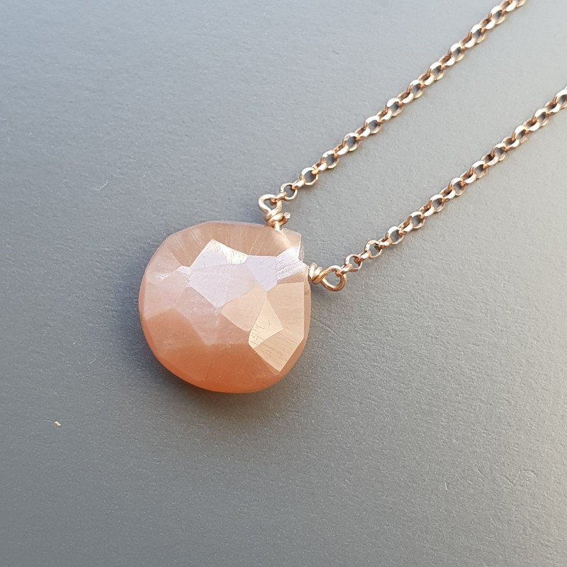 Collana Girocollo Con Catena Oro Rosa Argento 925 E Pietra Di Luna Cioccolato Gocce Piatto Sfaccettate A mano