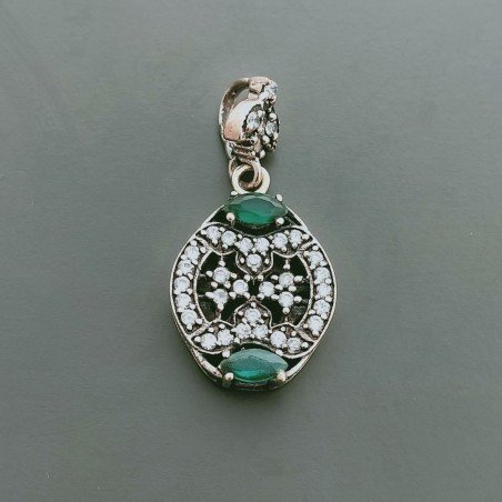 Ciondolo Di Argento 925 con Radice di Smeraldo Marquise e Zirconi Stile Etnico