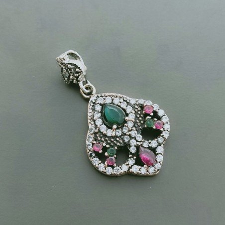 Ciondolo Di Argento 925 con Radice di Smeraldo e Rubino Tondo e Zirconi Stile Etnico