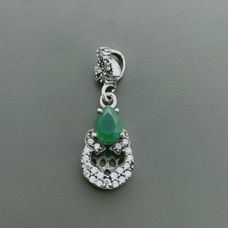 Ciondolo Di Argento 925 con Radice di Smeraldo Goccia e Zirconi Stile Etnico