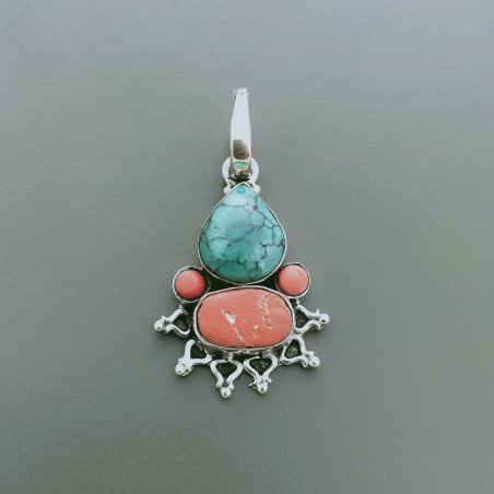 Ciondolo Di Argento 925 con Turchese e Corallo Stile Etnico