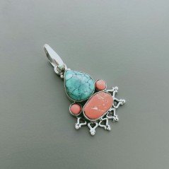 Ciondolo Di Argento 925 con Turchese e Corallo Stile Etnico