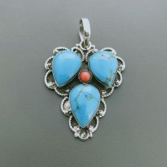 Ciondolo Di Argento 925 con Turchese e Corallo Stile Etnico