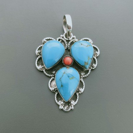 Ciondolo Di Argento 925 con Turchese e Corallo Stile Etnico