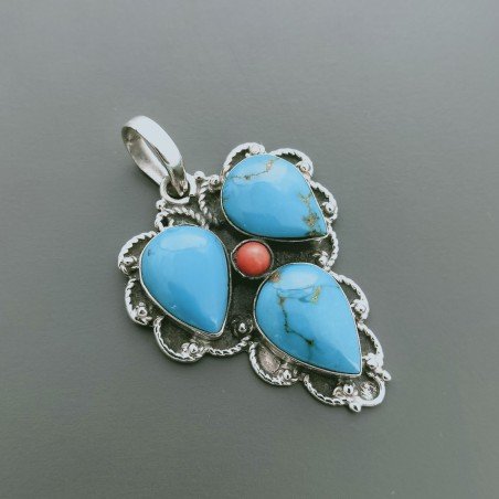 Ciondolo Di Argento 925 con Turchese e Corallo Stile Etnico