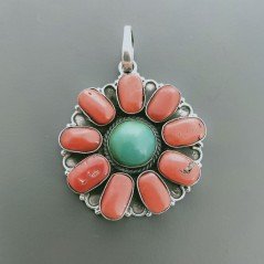 Ciondolo Di Argento 925 con Turchese e Corallo Forma Fiori Stile Etnico