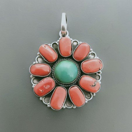 Ciondolo Di Argento 925 con Turchese e Corallo Forma Fiori Stile Etnico