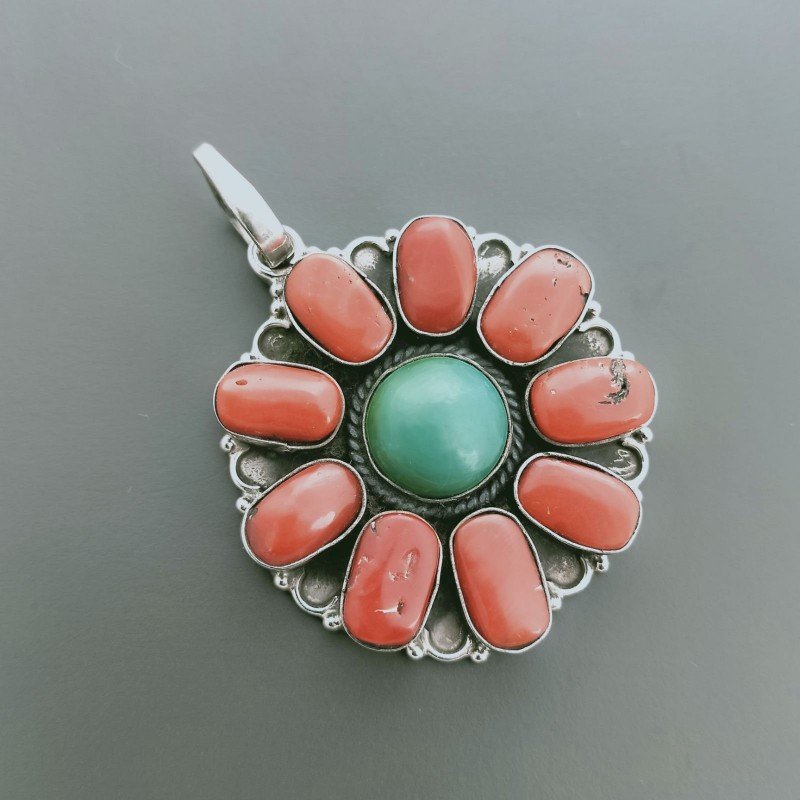 Ciondolo Di Argento 925 con Turchese e Corallo Forma Fiori Stile Etnico
