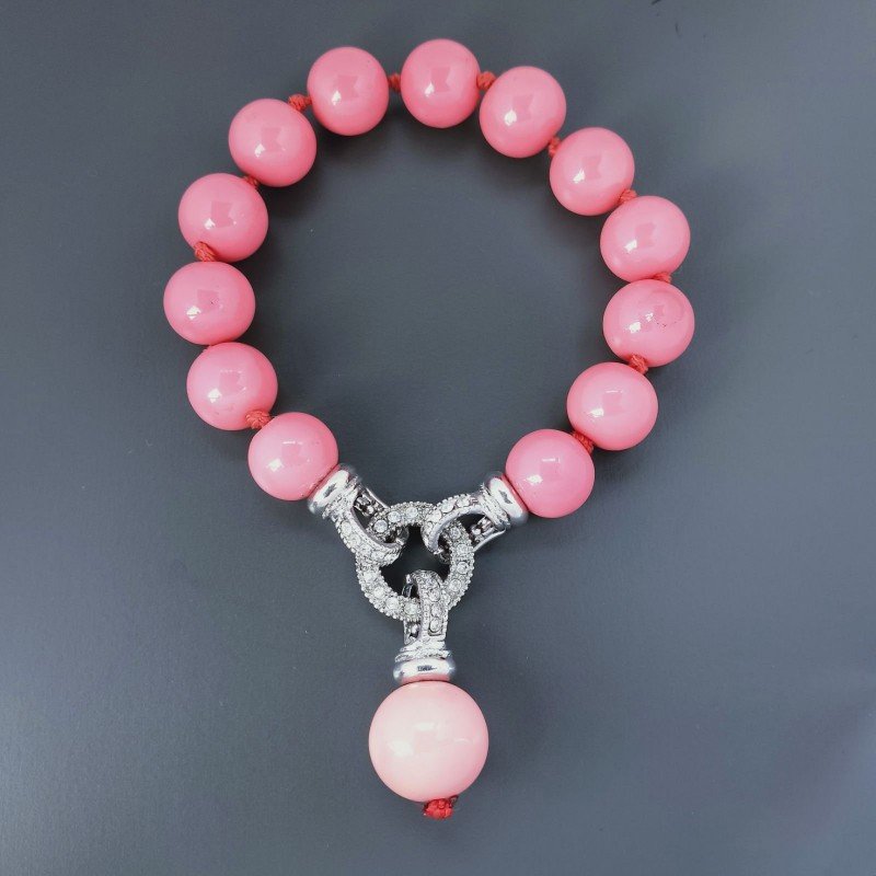 Bracciale Resina Tondo Liscio Rosa 12mm Annodato Con Pendente e Chiusura in Zircone