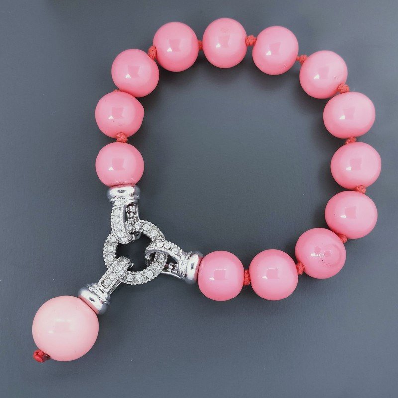Bracciale Resina Tondo Liscio Rosa 12mm Annodato Con Pendente e Chiusura in Zircone