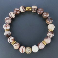 Bracciale Di Perline Lisce di Diaspro Zebrato 10mm Con Centrale di Ottone e Zirconi
