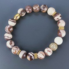 Bracciale Di Perline Lisce di Diaspro Zebrato 10mm Con Centrale di Ottone e Zirconi